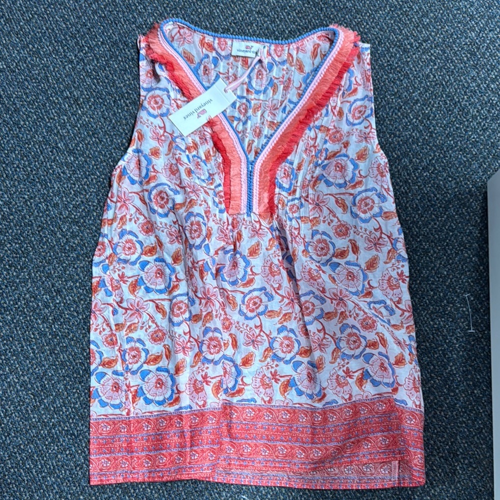 Sleeveless Floral Tank Top - Coral & Blue